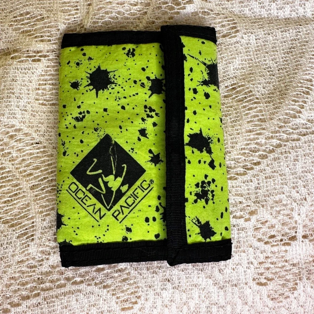 Vintage Ocean Pacific OP Neon Lime Green Paint Splatter Tri-Fold Surf Wallet